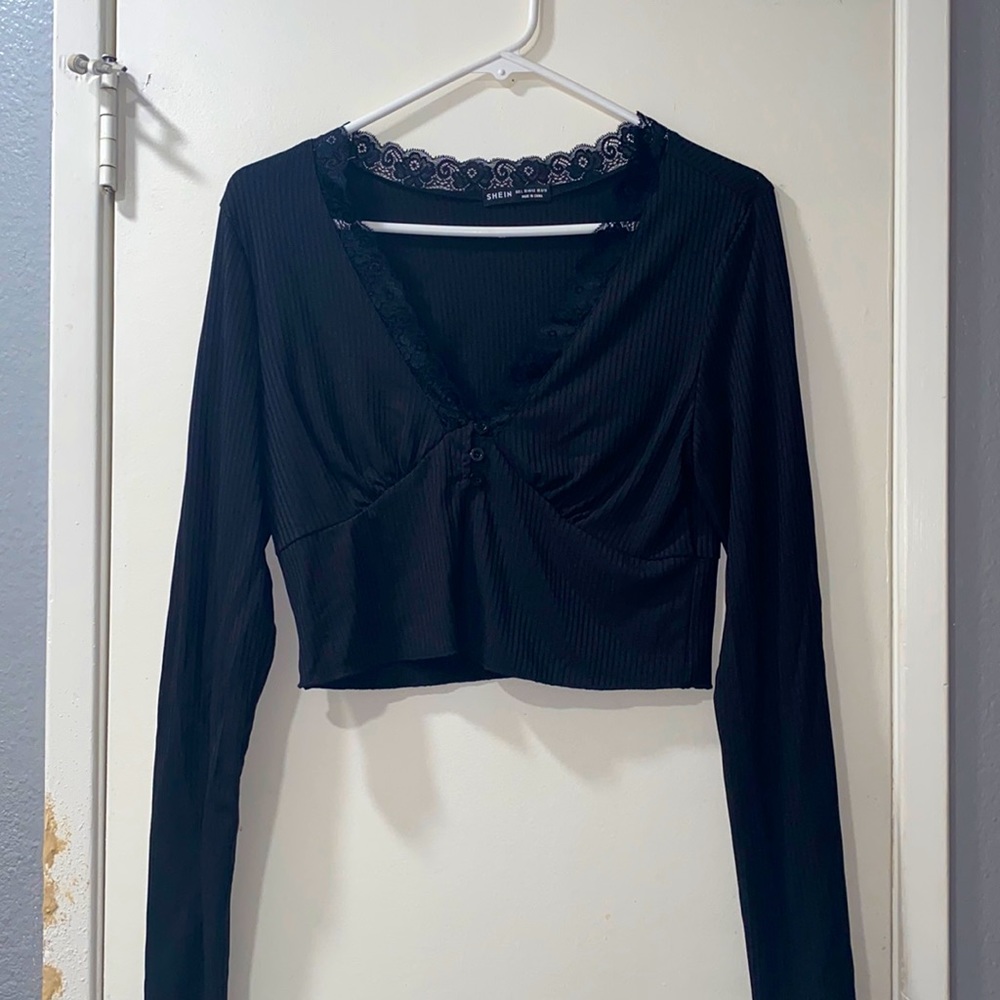 Cropped long sleeve top with lace trimming.v neck